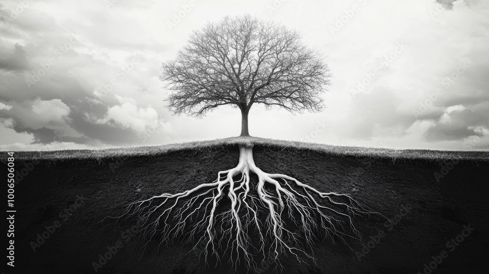 Poster roots of behavior: a tree with roots that represent daily actions, and as the roots deepen, they tur