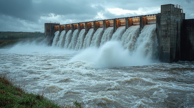 A river bursting through a dam, unleashing floodwaters downstream, dam break flood, uncontrolled water, Vertical Photos
