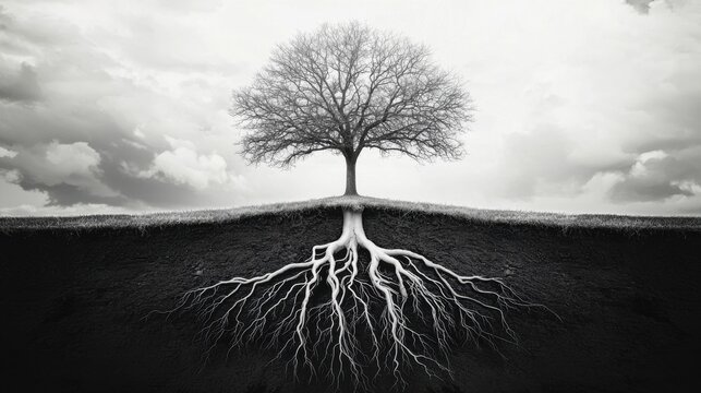 Roots of Behavior: A tree with roots that represent daily actions, and as the roots deepen, they turn into solid, unbreakable chains symbolizing strong habits formed over time