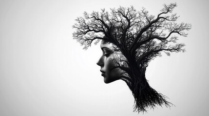 Roots of Self: A tree growing out of a human head, with roots deeply connected to past experiences and branches reaching out to new opportunities for growth