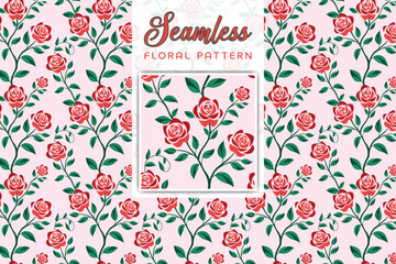 Seamless Floral Pattern with Red Roses and Green Leaves