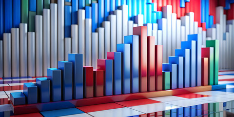 Obraz premium Abstract 3D Data Visualization of Election Results: Colorful Bars and Shapes Rising, Captured in Wide Shot with Intricate Patterns - Dynamic Concept for Photo Stock