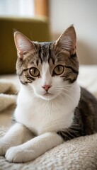 Naklejka premium A relaxed tabby and white cat with soft, striped fur lounges on a textured brown blanket, its curious eyes looking forward, capturing the calm essence of domestic feline life