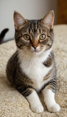 Obraz premium A gentle tabby cat with white paws and a striped coat sits comfortably on a warm brown surface, showcasing its alert posture and soft, well-groomed fur