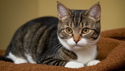 Obraz premium A gentle tabby cat with white paws and a striped coat sits comfortably on a warm brown surface, showcasing its alert posture and soft, well-groomed fur