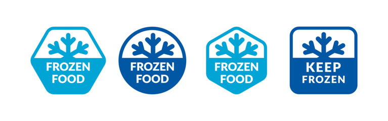 Keep frozen food vector labels collection. Blue and dark blue snowflake flat icon symbols set for packages, stickers, web, badges, logo, banner, poster.