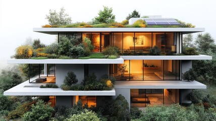 Modern eco-friendly house with greenery and solar panels.