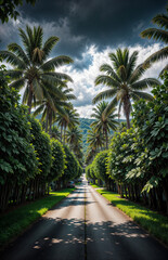 Fototapeta premium a beautiful tropical street lined with palm trees and lush greenery, with a clear blue sky overhead.
