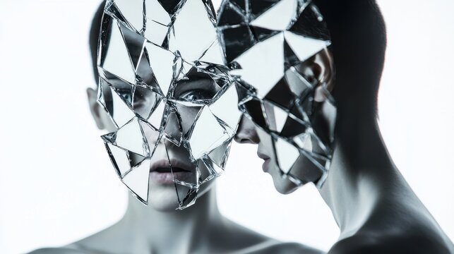 Shattered Glass Reflection: A person standing in front of a mirror, but their reflection is fragmented like shattered glass