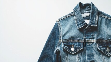 A trendy cropped men's denim jacket in light wash, isolated on a bright white surface, perfect for casual and modern looks