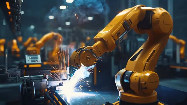 Yellow automated robot arm singing something in a production plant close up, robots and work without human presence, industry 4.0
