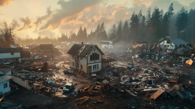 Aerial view of natural disaster destruction in rural village at sunrise