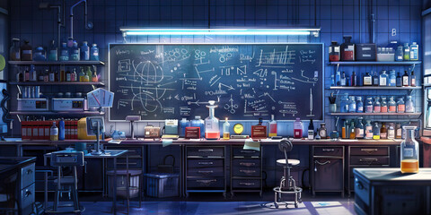 Biochemist's Lab Wall: Covered in biochemical reaction diagrams, lab safety guidelines, and a board with research project updates.