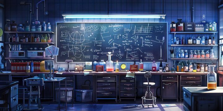 Biochemist's Lab Wall: Covered in biochemical reaction diagrams, lab safety guidelines, and a board with research project updates.