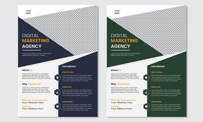 Creative professional modern corporate business printable geometric flyer design templet with dual color navy blue and green variation in A4