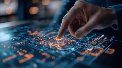 Naklejka premium AI analyzing architectural blueprints, connecting data points, and offering solutions with advanced neural network visualization