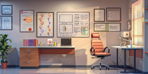 Genetic Counselor's Office Wall: Featuring genetic disorder information, family tree diagrams, and a board with genetic counseling resources