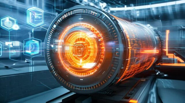 Digital background of an engine or quantum computer for computation close up with holograms all around
