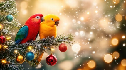 Colorful Parrots on a Christmas Tree Branch
