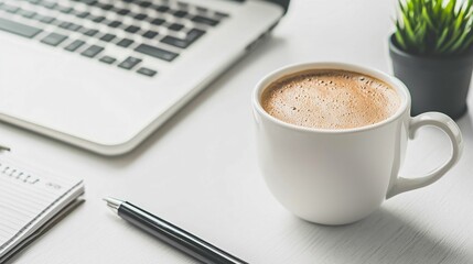 A cozy workspace featuring a cup of coffee, a laptop, a pen, and a small plant, perfect for productivity and relaxation.