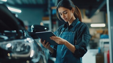 Female Mechanic Checking Car