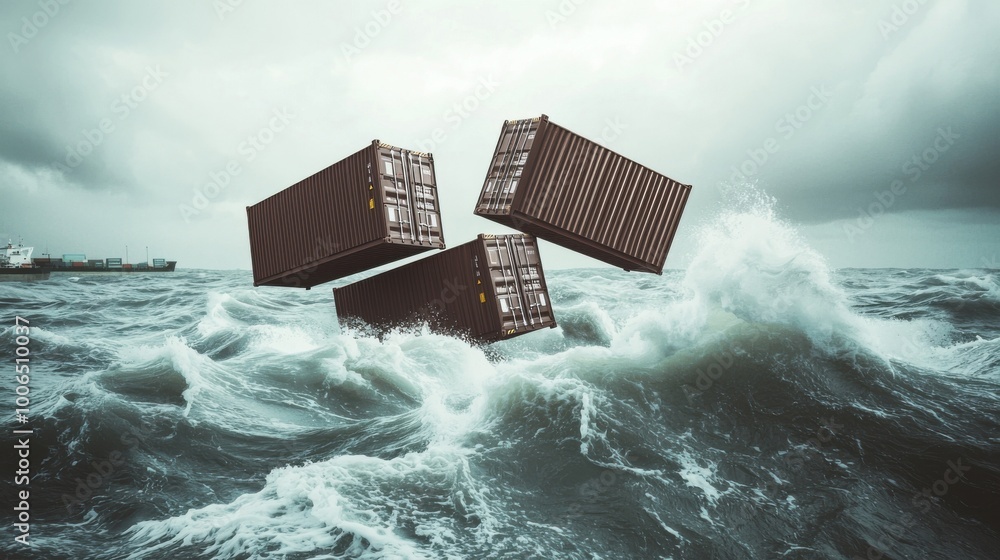 Aufkleber sinking cargo containers in a stormy sea: containers floating in rough seas, partially submerged, wi