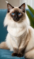 A Balinese cat with bright blue eyes and silky fur reclines on a richly patterned golden sofa, its long, flowing coat giving an air of refinement and grace
