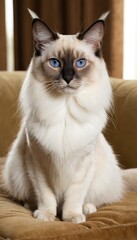 A beautiful Balinese cat relaxes on a golden cushion, its piercing blue eyes and fluffy cream fur creating an elegant and serene scene of feline sophistication