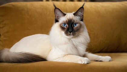 A regal-looking Balinese cat with striking blue eyes lounges on a luxurious golden couch, its creamy coat and dark facial markings creating a soft, elegant contrast