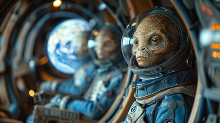 Obraz premium Two alien beings in space suits look out at Earth from inside their futuristic spacecraft, showcasing advanced technology amidst a starry backdrop