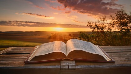 The Bible with Sunset on a Quiet Hilltop. An open Bible rests on a weathered wooden bench, bathed in the golden glow of a setting sun.