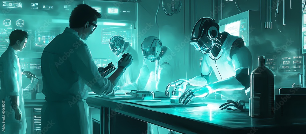 Aufkleber scientists and robots working in a futuristic laboratory