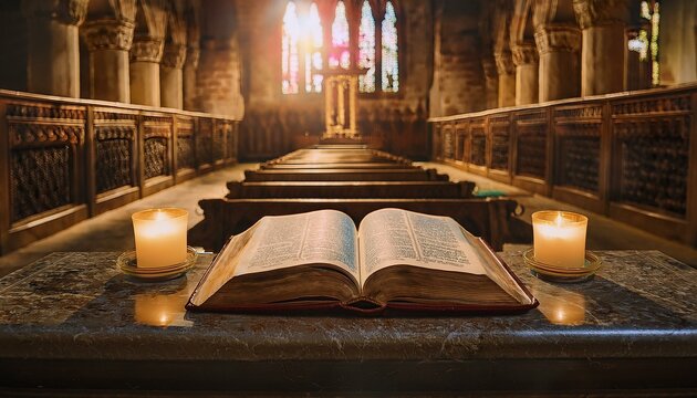 The Bible in the Candlelit Church Altar. The Bible lies open on a grand, stone altar in a dimly lit church.