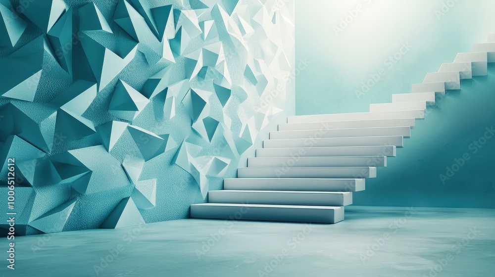Aufkleber steps of transformation: a set of floating stairs leading from a dark, confined space into an open, 