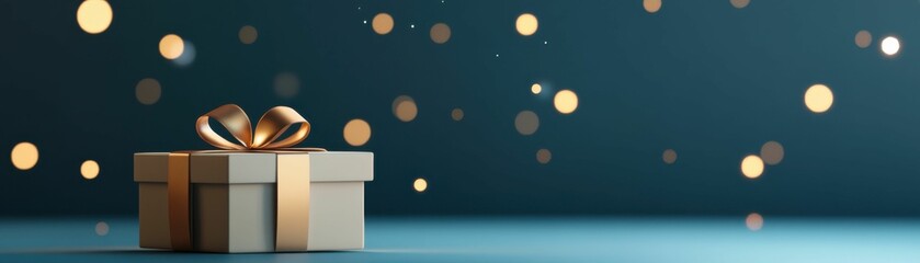 A stylish gift box wrapped with a gold ribbon, placed against a dark background filled with festive bokeh lights, evoking a celebratory mood..