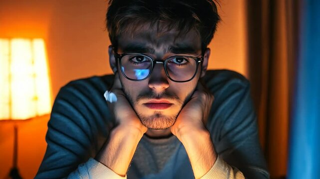 Tired, sad or desperate young man with glasses with hands next to his head sitting in front of computer at night
