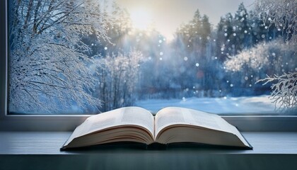 The Bible on Snowy Winter Morning. An open Bible sits on a window sill, with snow gently falling outside.