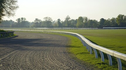 Obraz premium An expansive view of a horse racing track featuring a clear road ready for racing. The image captures the vibrant green turf and well-maintained path, emphasizing the excitement and energy associated 