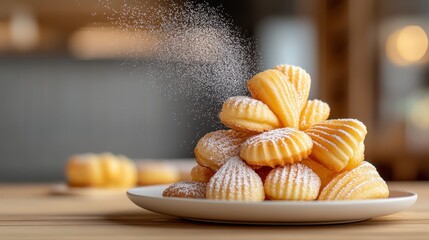 a pattern of A plate of golden madeleines with a light dusting of powdered sugar