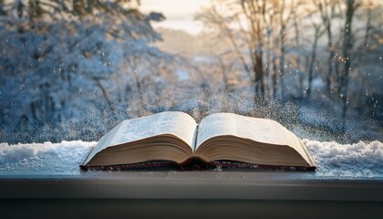 The Bible on Snowy Winter Morning. An open Bible sits on a window sill, with snow gently falling outside.