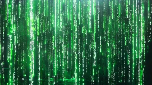 Digital background of diverse falling green lines with numbers and signs or code on dark background close up, algorithm or binary code in green color
