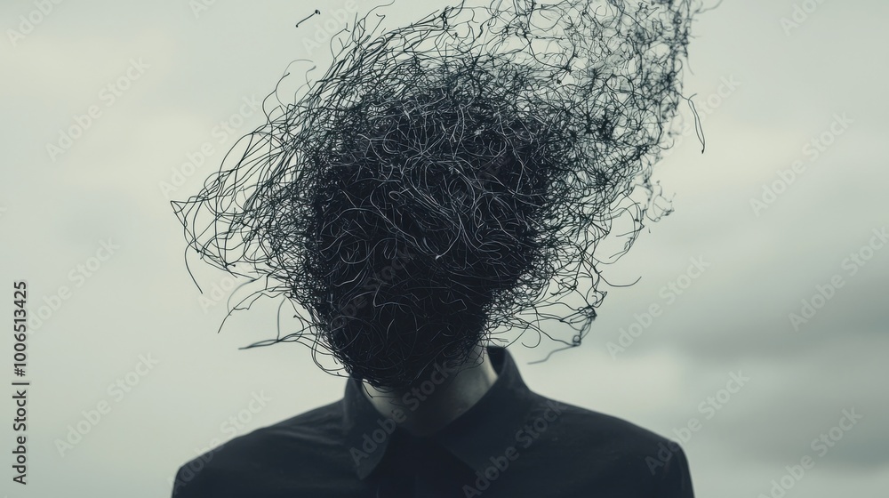 Poster stress of overthinking: a person with their head exploding into fragments of tangled lines and dark 