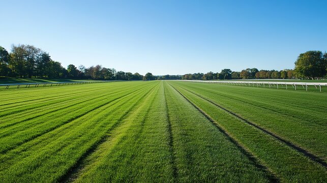 An expansive view of a horse racing track featuring a clear road ready for racing. The image captures the vibrant green turf and well-maintained path, emphasizing the excitement and energy associated 