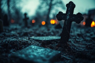 Atmospheric graveyard at dusk with a weathered cross gravestone in focus and glowing lights in the background, evoking a somber and eerie mood