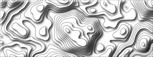 White background topography contour map with black curve lines. Geography contour map linear background vector illustration. White topology and topography vector design