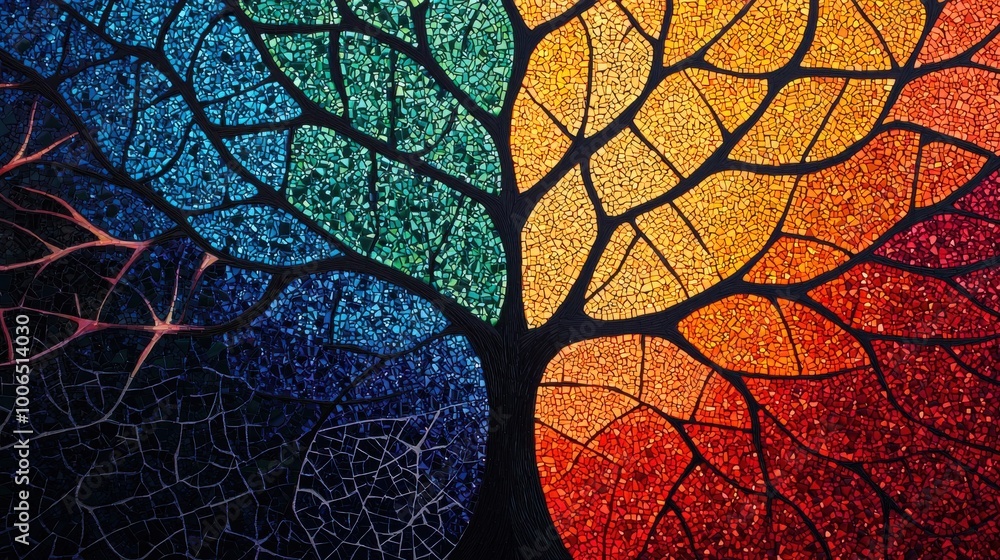 Poster sum of small efforts: a mosaic of tiny glowing shapes forming a large, vibrant tree of success, each
