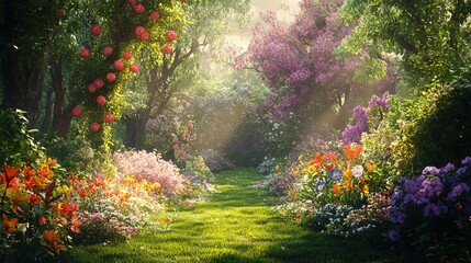 Vibrant Flower Garden with Sunlit Pathway