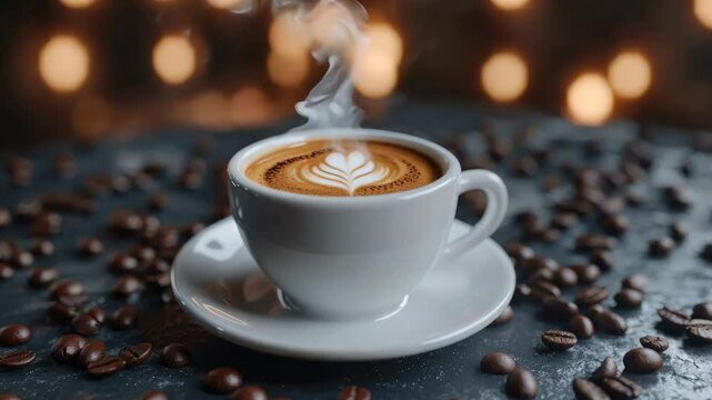 White cup of coffee with foam and pattern steaming on a beautiful background with scattered coffee beans close-up with space for text or inscriptions
