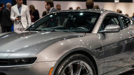 Silver sports car gleaming under show lights at auto show