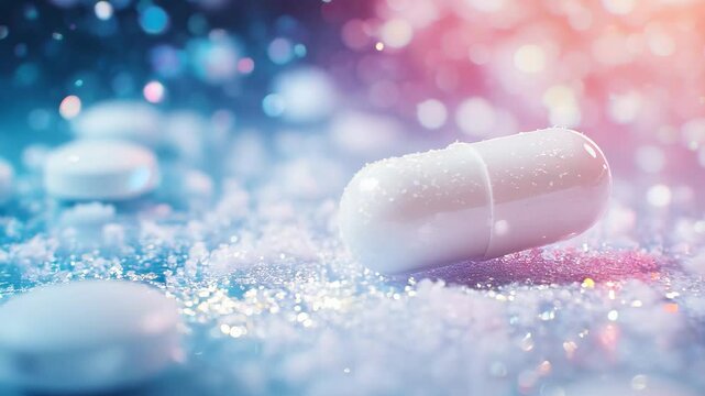White capsule on a slightly colored background of crystals or powder, health and medicine motif
